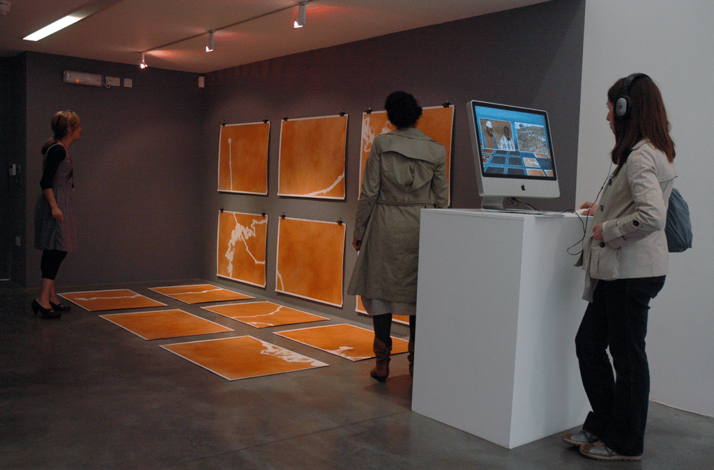 installationview NomadicMILK art installation with video and sandprints of GPS tracks of Fulani herdsmen in Nigeria at INIVA