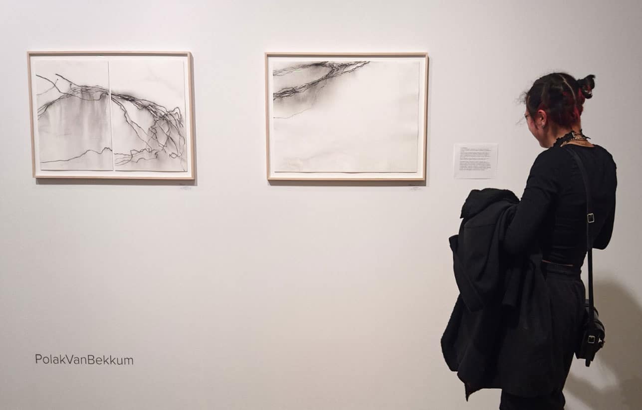 Visitor looks at Grazing Choreographies Drawings at Drawing Art Brussel