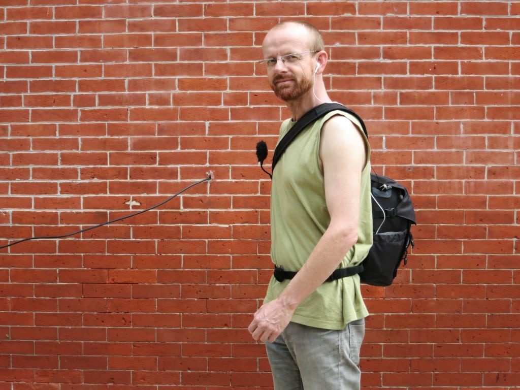 Ivar is carrying The Beagle, a sling bag equipped with sound and gps recording devices.